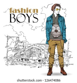Stylish young guy  on a street-background. Vector illustration.
