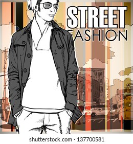 Stylish young guy  on a street-background. Vector illustration.