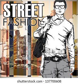 Stylish young guy  on a street-background. Vector illustration.