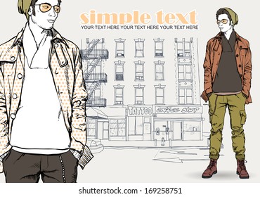 Stylish young guy  on a street-background. Vector illustration.