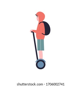 Stylish young guy ride on an electric hoverboard. Flat vector cartoon modern illustration.