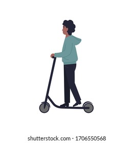 Stylish young guy ride on an electric motorized kick scooter. Flat vector cartoon modern illustration.