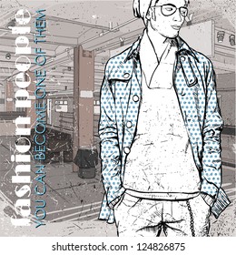 Stylish young guy at subway station.  Vector illustration