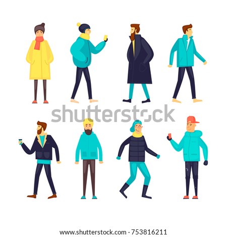 Stylish young guys in winter clothes. Characters. Flat design vector illustration.