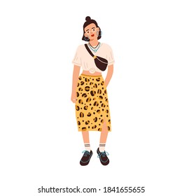 Stylish young hipster woman dressed in trendy clothes. Fashionable casual outfit. Modern female trendsetter standing isolated on white background. Flat colorful vector illustration
