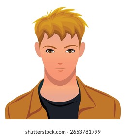 Avatar jovem elegante com cabelo loiro bagunçado em estilo de vetor plano. Ótimo para ícones de perfil, ilustrações masculinas, interface do usuário do aplicativo, avatares da Web e visuais de marca.