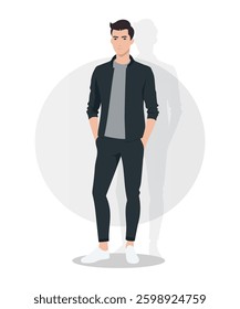 Stylish Young Man in a Black Jacket and Pants with a Cool Urban Look.