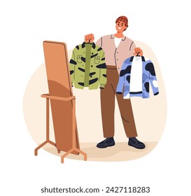 Stylish young man choosing outfit, holding shirts. Fashion stylist deciding what to wear, making choice of apparel, clothes in front of mirror. Flat vector illustration isolated on white background