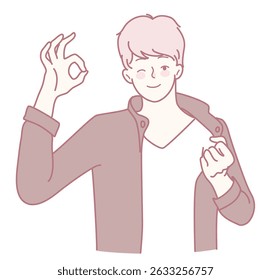 A stylish young man confidently displays an okay gesture, which is suitable for a variety of media themes