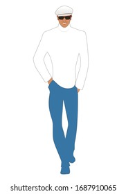 Stilvolles Jungmännmodell zum Laufen und Lächeln.  Chic bekleidet Retro-Stil Mann mit Beet und Sonnenbrille. Einzeln auf weißem Hintergrund