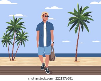 Stylish young man on vacation surrounded by a beautiful view with tropical tress and golden beach sand. Flat design vector illustration. Luxury lifestyle. Vector.