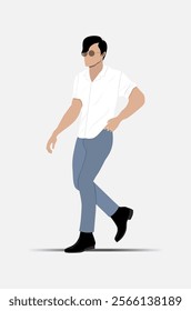 Stylish young man posing confidently in trendyin blue jeans, white shirt and sunglasses. Vector illustration. Not AI generated