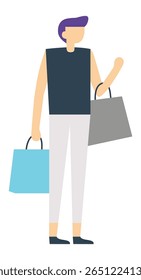 Stylish young man with purple hair is carrying shopping bags after a successful day at the mall, enjoying his retail therapy and the latest fashion trends