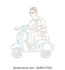 Stylish young man riding a classic vintage Italian scooter in retro outfit with sunglasses. Hand drawn line art sketch vector illustration.
