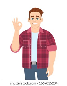 Stylish young man showing okay sign. Trendy person making OK or cool gesture with fingers. Male character design illustration isolated. Human emotions and expressions concept in vector cartoon style.