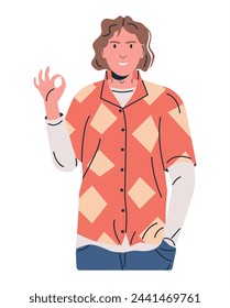 Stylish Young Man Showing Okay Sign. OK Hand Gesture by Male Character in Trendy Clothes. Fashion Person in Casual Outfit Making OK, Cool Gesture with Fingers. Body Language. Flat Vector Illustration