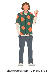 Stylish Young Man Showing Okay Sign. OK Hand Gesture by Male Character in Trendy Clothes. Fashion Person in Casual Outfit Making OK, Cool Gesture with Fingers. Body Language. Flat Vector Illustration