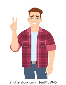 Stylish Young Man Showing Peace Sign. Trendy Person Making Victory, Winner Or Two Gesture With Fingers. Male Character Design Illustration. Human Emotions And Expressions Concept In Vector Cartoon.