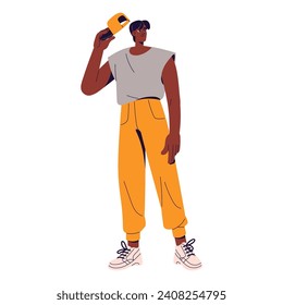Stylish young man in sporty pants takes off baseball cap, greeting. Happy guy in summer outfit standing. Black person wearing fashion sneakers. Flat isolated vector illustration on white background