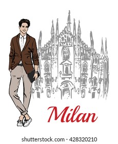 Stylish young man staying near Milan Cathedral, Duomo di Milano, piazza del Duomo in Milan, Italy