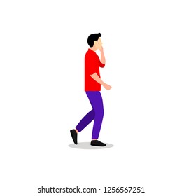 Stylish young man walking and talks on the phone. Isolated on the white background. Vector illustration.