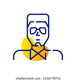 Stylish young man wearing glasses and a goat beard. Pixel perfect, editable stroke icon