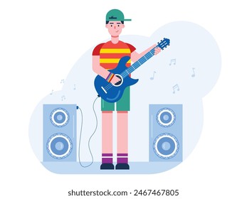 Stylish young man wearing a hat playing bass with speakers in the room. Character design. Vector flat illustration