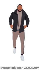 Stylish young man wearing modern street style fashion outfit standing . Handsome guy in fashionable autumn or summer clothes. Cartoon male character vector realistic illustration isolated.