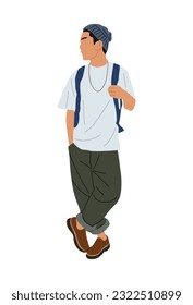 Stylish young man wearing modern Summer Street fashion outfit standing with backpack. Handsome asian guy vector realistic illustration isolated on white background.