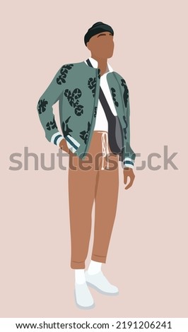 Stylish young man wearing modern street style fashion outfit standing . Handsome guy in fashionable autumn or summer clothes. Cartoon male character vector realistic illustration isolated.