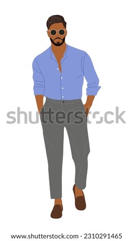 Stylish young man wearing summer street fashion outfit. Handsome Business man character in smart casual office clothes, sunglasses. Vector realistic people illustration isolated on white background