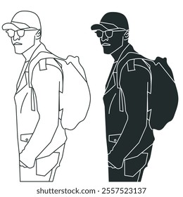 A stylish young man wearing sunglasses a hat, a jacket, and a backpack.