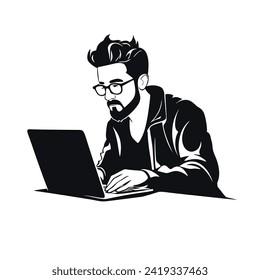 A stylish young man is working at his laptop. Remote work in IT