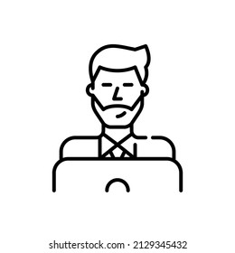 Stylish young man working at a laptop. Pixel perfect, editable stroke color icon