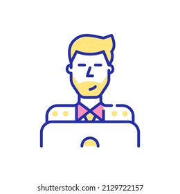 Stylish young man working at a laptop. Pixel perfect, editable stroke fun color icon