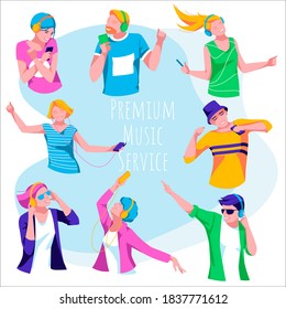 Stylish young people listening to music. Premium music service banner. Cheerful girls and guys listening music with headphones and smartphones, dancing and relaxing flat vector illustration