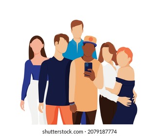 Stylish young people take a selfie. Happy young friends. Vector illustration isolated on white background 