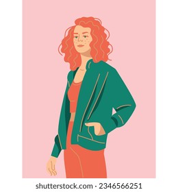 Stylish young redhair woman dressed in sports clothes color concept. Fashionable casual outfit. Digital illustration for web page, mobile app, promo.
