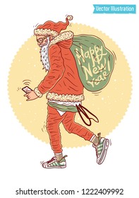 Stylish young Santa carries gifts in big bag. Blogger with smartphone in hand. Guy dressed as Santa Claus. Tee print fashionable Santa. Holiday poster element. New Year's design.  Vector Illustration