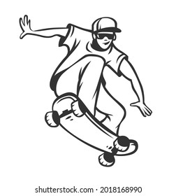 Stylish young skater jumping, skating Skateboard. Teenagers street culture entertainment. Skateboarding guy Hand-drawn outline contour silhouette. Can be used as tatoo, t-shirt. Vector illustration.