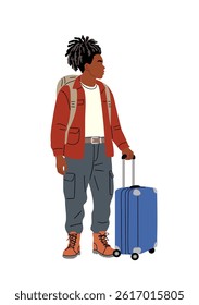 Stylish young traveler with suitcase and backpack, dressed in casual outdoor clothes. Flat hand drawn vector illustration for tourism, summer travel, or lifestyle themes.