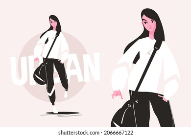 Stylish Young Urban Girl Vector Illustration. Woman In Sport Costume With Black Bag Flat Style. Fashionable Character. Fashion And Street Style Concept. Isolated On Pink Background