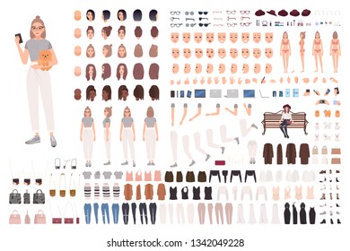 Stylish young woman animation set or constructor kit. Collection of body parts, gestures, trendy clothes and accessories. Female cartoon character. Front, side, back views. Flat vector illustration.