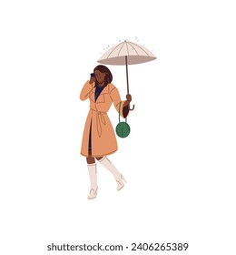 Stylish young woman in autumn coat under umbrella talk by phone. Business girl holding parasol, walking in rain. Brolly protecting people from rainy weather. Flat isolated vector illustration on white