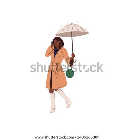 Stylish young woman in autumn coat under umbrella talk by phone. Business girl holding parasol, walking in rain. Brolly protecting people from rainy weather. Flat isolated vector illustration on white