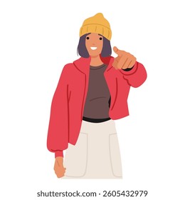 Stylish young woman cartoon character smiling and pointing finger forward at viewer isolated on white background. Female positively looking indicating or inviting you making choice vector illustration