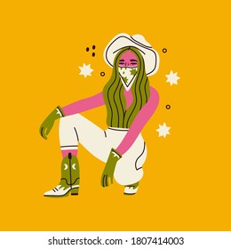 Stylish young Woman with a cowboy hat and bandana. Pink Cowboy girl sitting and wearing green boots and gloves. Hand drawn colored trendy Vector illustration. Isolated on a red background