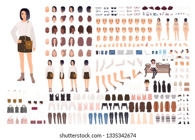 Stylish young woman creation set or animation kit. Bundle of body parts, trendy clothes, hairstyles, facial expressions. Female cartoon character. Front, side, back views. Flat vector illustration.