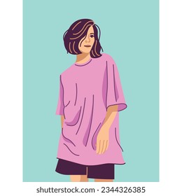 Stylish young woman dressed in oversize clothes color concept. Fashionable casual outfit. Digital illustration for web page, mobile app, promo.