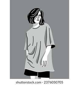 Stylish young woman dressed in oversize clothes color concept. Fashionable casual outfit. Digital illustration for web page, mobile app, promo.